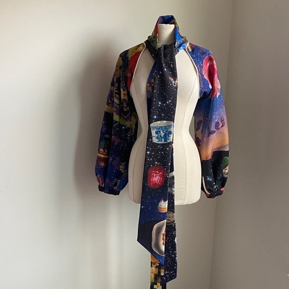 Custom Bolero Jacket Womens Sz Medium Salvador
Dali Print Tie Neck Blue Multi